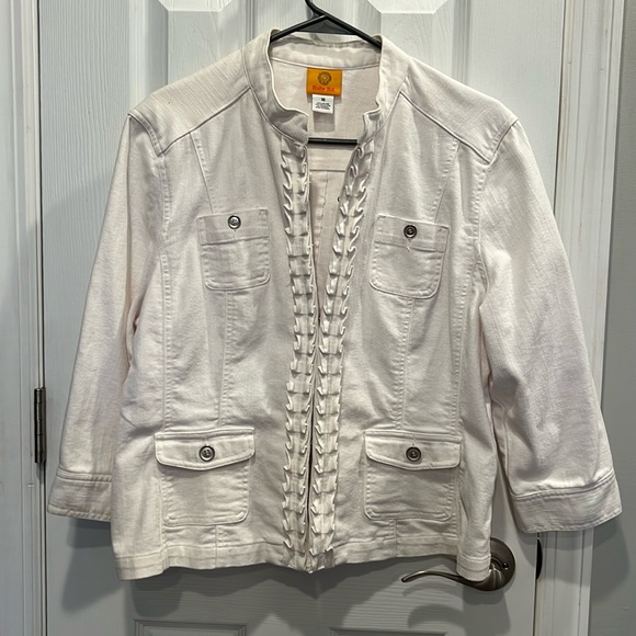 Ruby Rd. Jackets & Blazers - Ruby Rd white denim jean jacket ruffle front with hook and eye closure